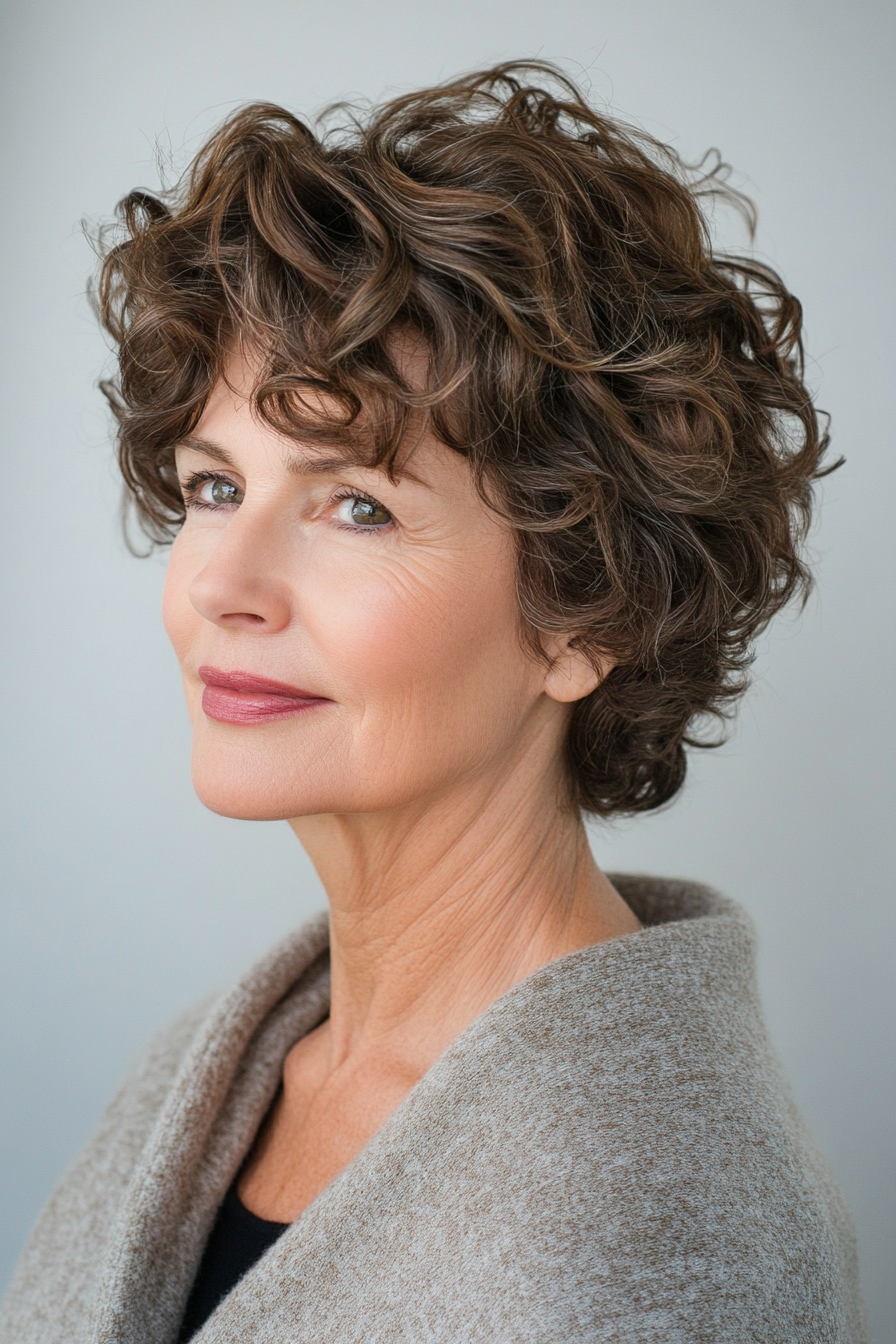 8. Ash Brown Voluminous Pixie (Short Curly Hairstyles For Older Women) - Short Curly Hairstyles For Older Women