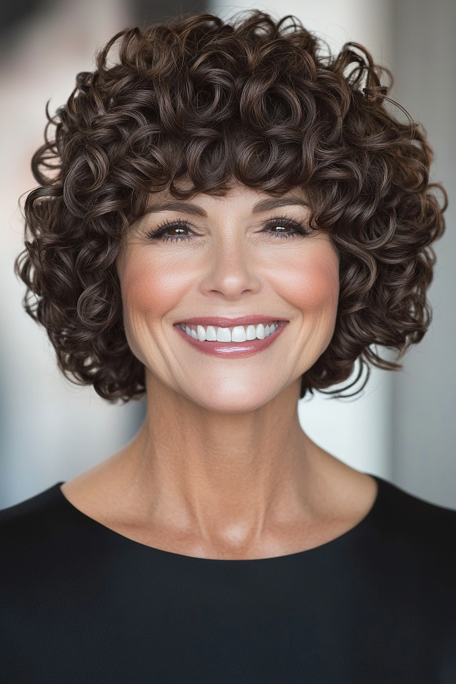 11. Chin-Length Chocolate Curls (Short Curly Hairstyles For Older Women) - Short Curly Hairstyles For Older Women