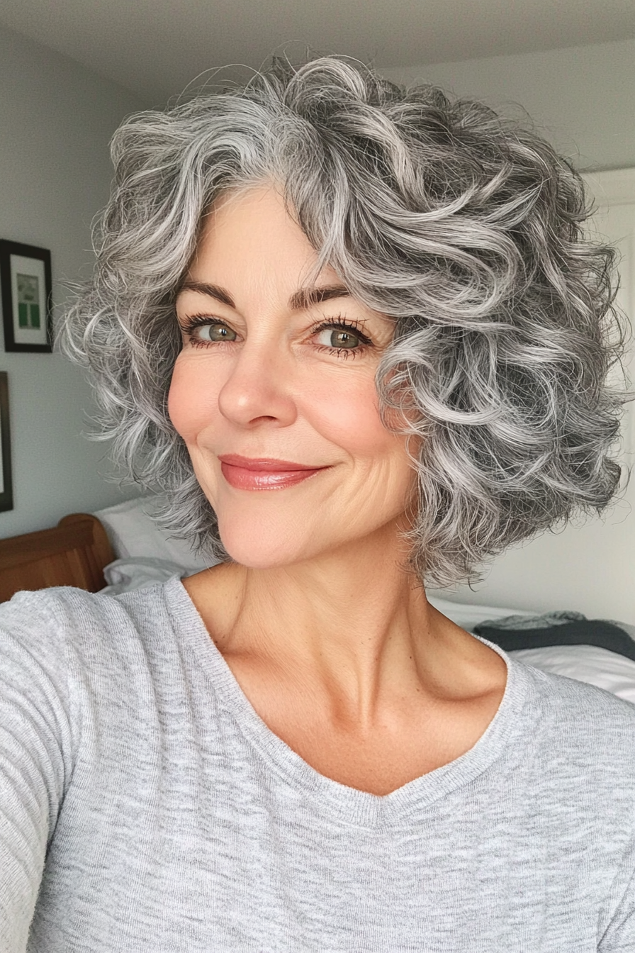 12. Feathered Grey Crop (Short Curly Hairstyles For Older Women) - Short Curly Hairstyles For Older Women