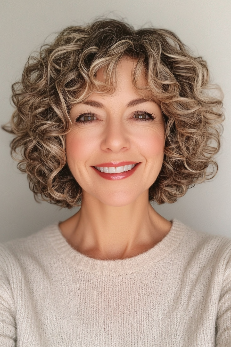13. Dark Blonde Curly Lob (Short Curly Hairstyles For Older Women) - Short Curly Hairstyles For Older Women