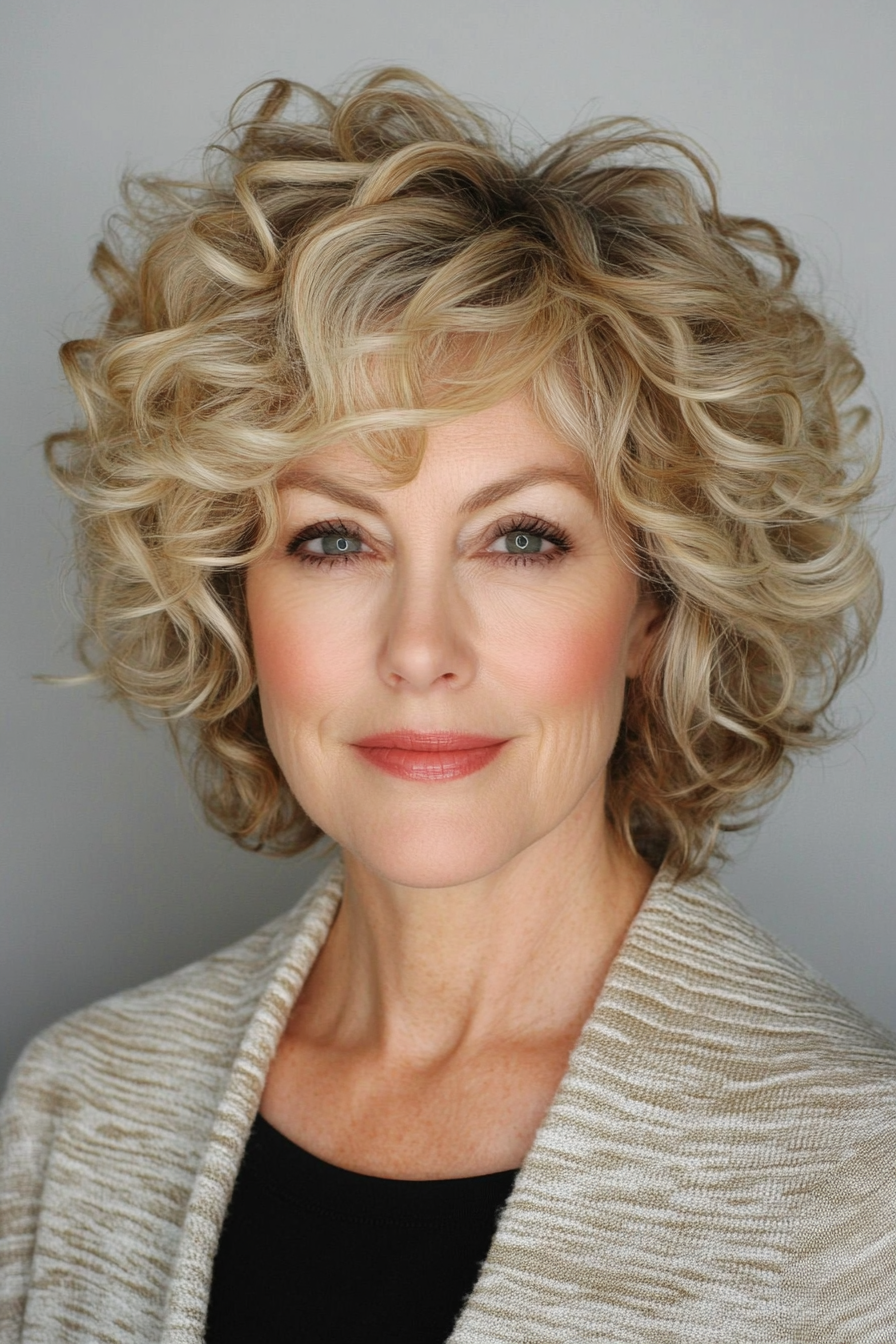 14. Face-Framing Honey Highlights (Short Curly Hairstyles For Older Women) - Short Curly Hairstyles For Older Women