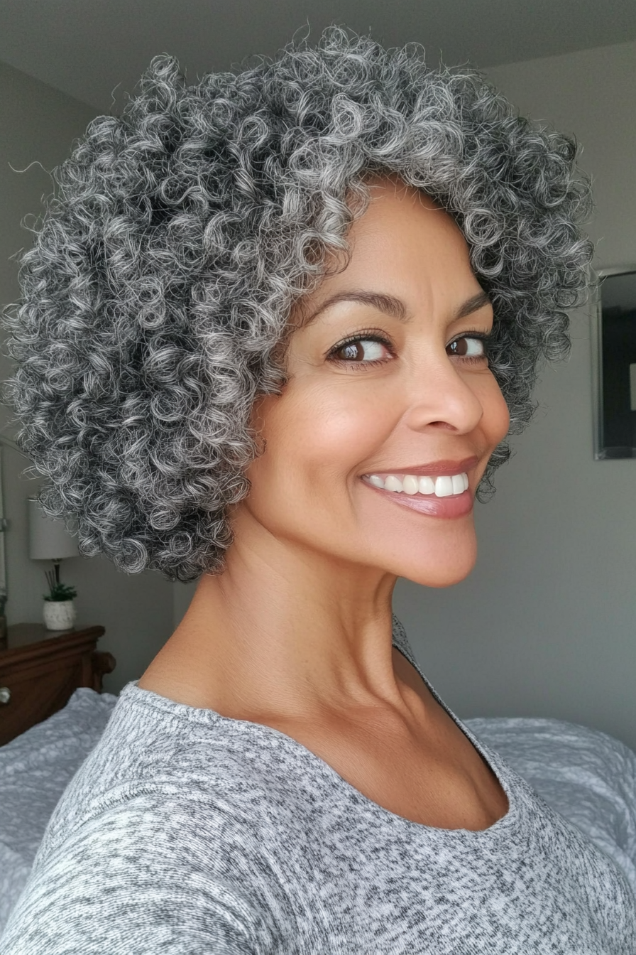 22. Tight Grey Curly Afro (Short Curly Hairstyles For Older Women) - Short Curly Hairstyles For Older Women