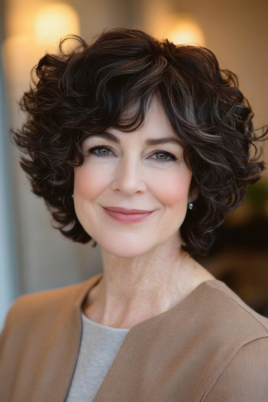 24. Mocha Brown Angled Bob (Short Curly Hairstyles For Older Women) - Short Curly Hairstyles For Older Women