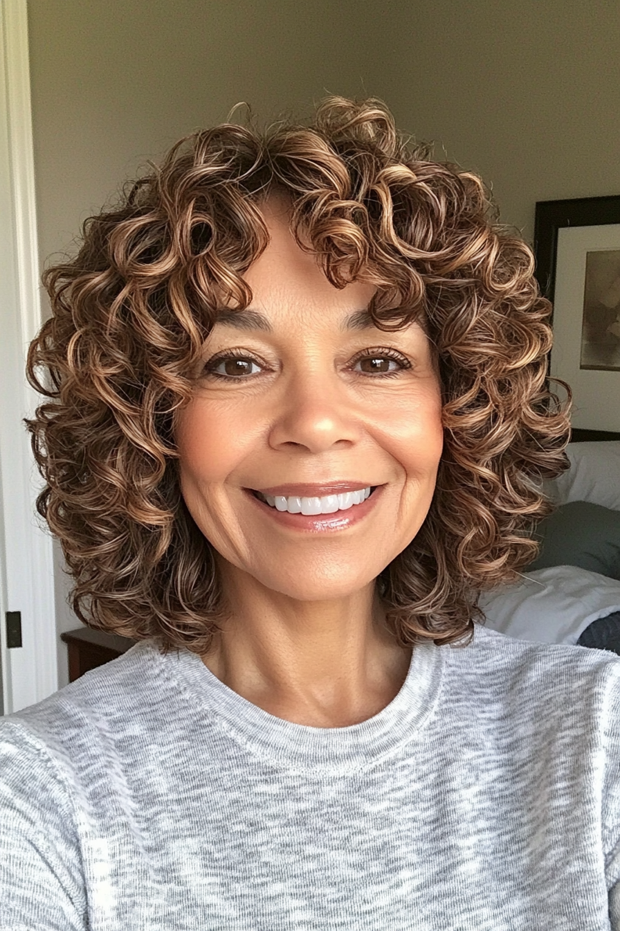 26. Natural Honey Brown Waves (Short Curly Hairstyles For Older Women) - Short Curly Hairstyles For Older Women