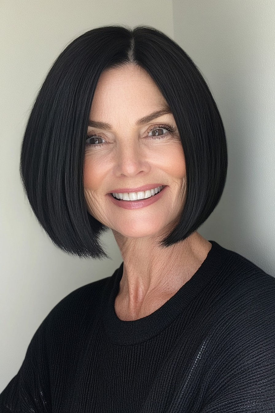 10. Chin-Length Blunt Cut with Jet Black (Best Hairstyles For Women Over 60) - Best Hairstyles For Women Over 60
