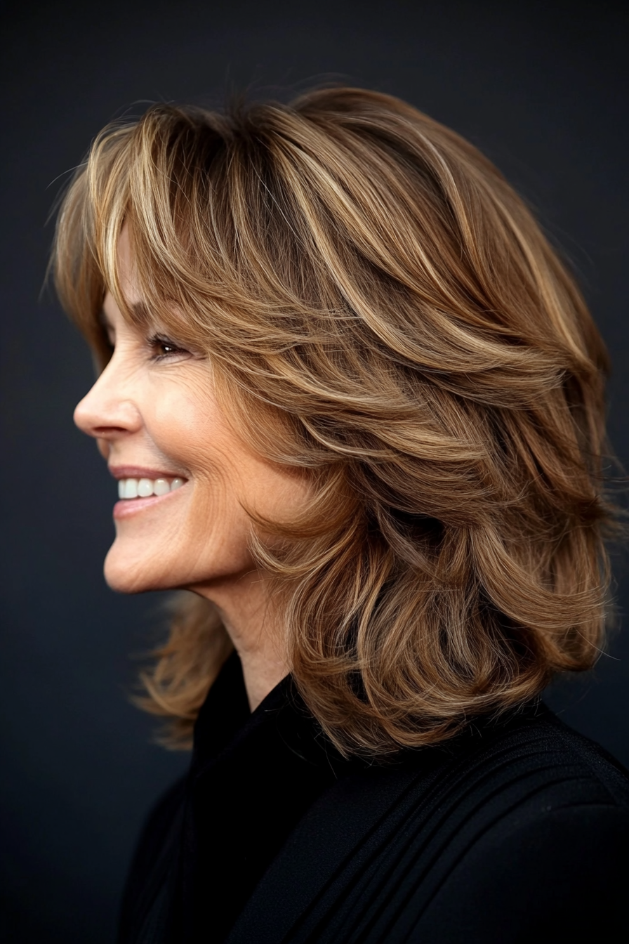 13. Wispy Bangs with Golden Brown Layers (Best Hairstyles For Women Over 60) - Best Hairstyles For Women Over 60
