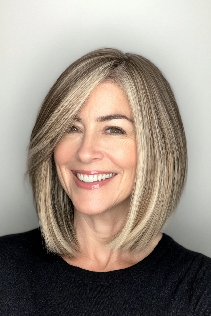 15. Side-Parted Lob with Subtle Blonde Highlights (Best Hairstyles For Women Over 60) - Best Hairstyles For Women Over 60