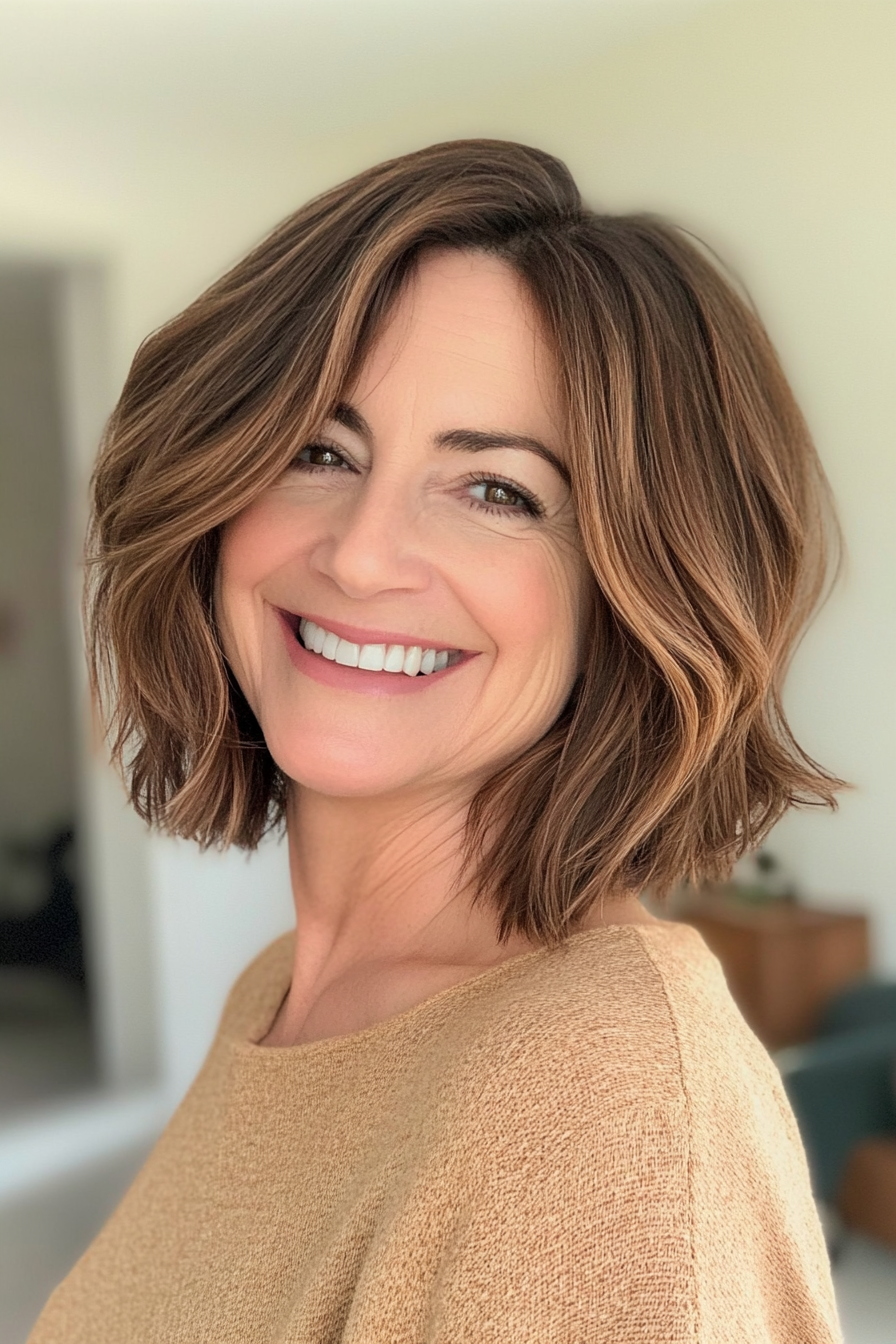 20. Choppy Lob with Soft Caramel Tones (Best Hairstyles For Women Over 60) - Best Hairstyles For Women Over 60