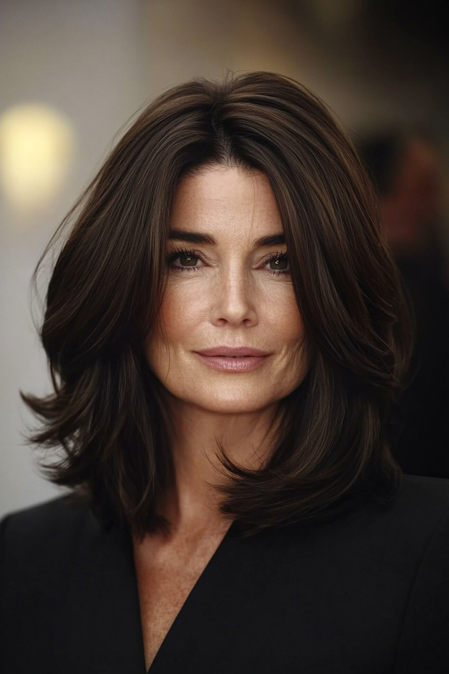 24. Blunt Shoulder-Length Cut with Espresso Brown (Best Hairstyles For Women Over 60) - Best Hairstyles For Women Over 60