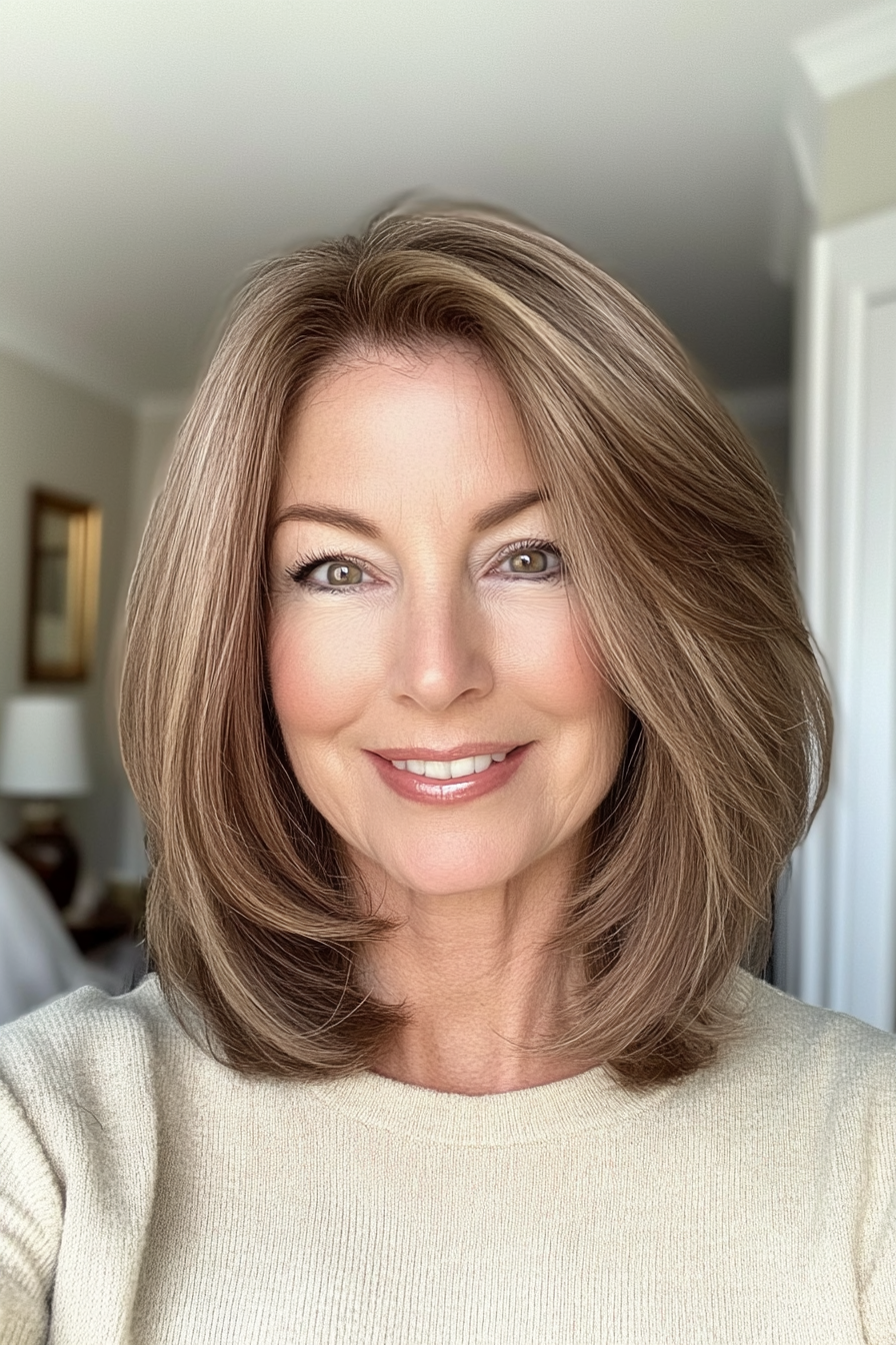 25. Long Bob with Face-Framing Light Brown Layers (Best Hairstyles For Women Over 60) - Best Hairstyles For Women Over 60