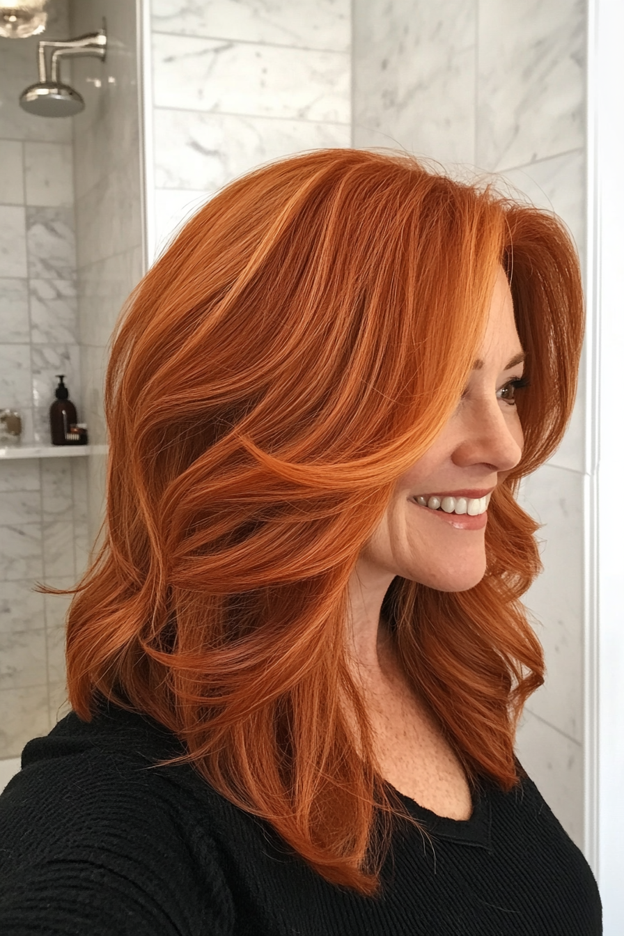 27. Layered Cut with Warm Copper Highlights (Best Hairstyles For Women Over 60) - Best Hairstyles For Women Over 60