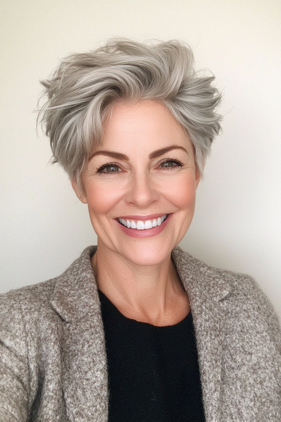 1. Textured Pixie in Soft Silver (Short Hairstyles For Women Over 50 With Thick Hair) - Short Hairstyles For Women Over 50 With Thick Hair