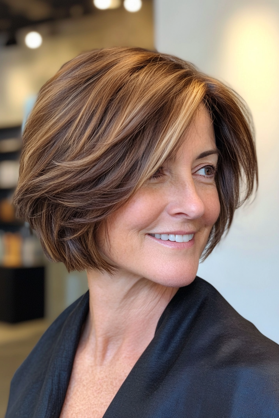 2. Layered Bob with Warm Chestnut Highlights (Short Hairstyles For Women Over 50 With Thick Hair) - Short Hairstyles For Women Over 50 With Thick Hair