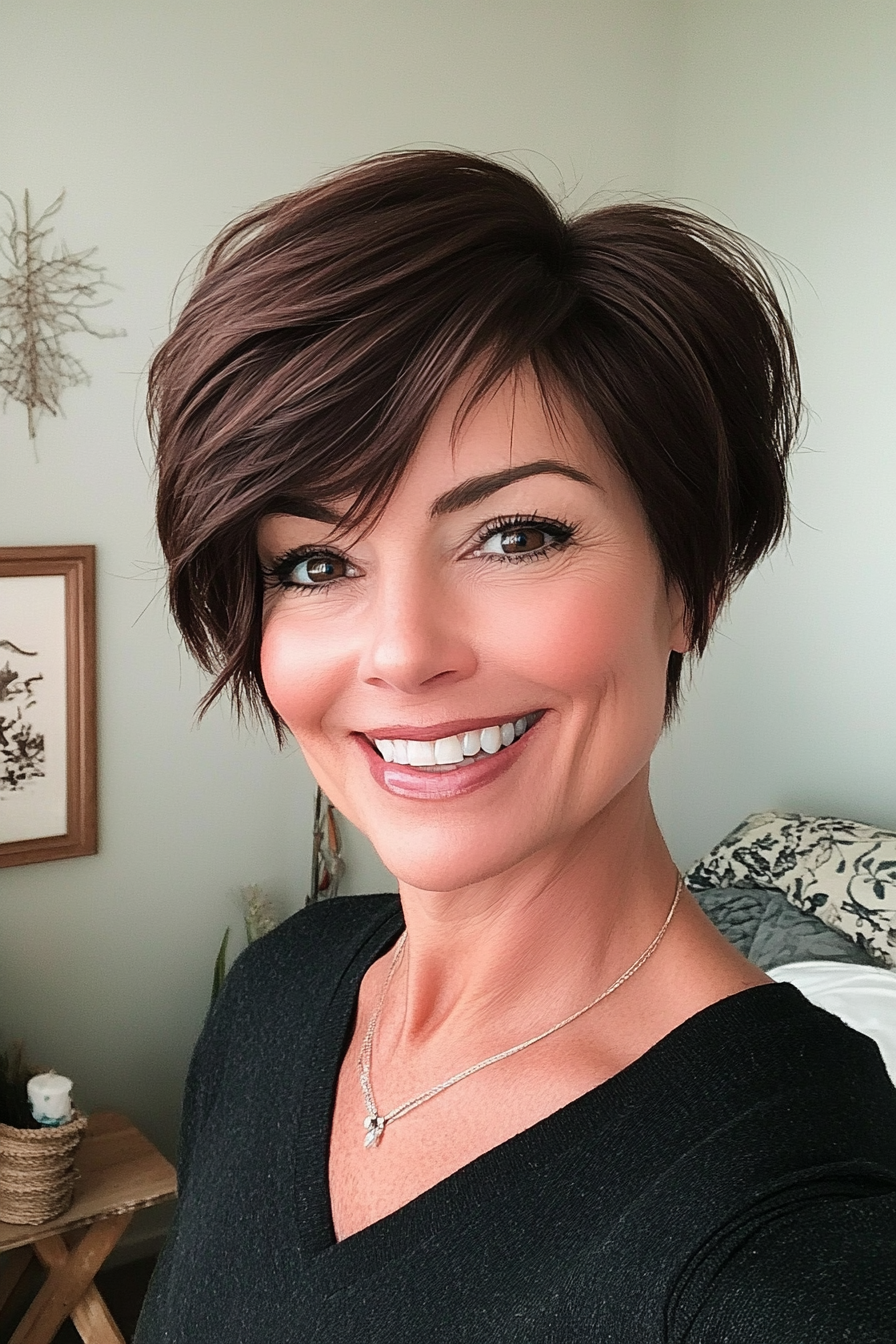 3. Asymmetrical Crop in Deep Espresso (Short Hairstyles For Women Over 50 With Thick Hair) - Short Hairstyles For Women Over 50 With Thick Hair
