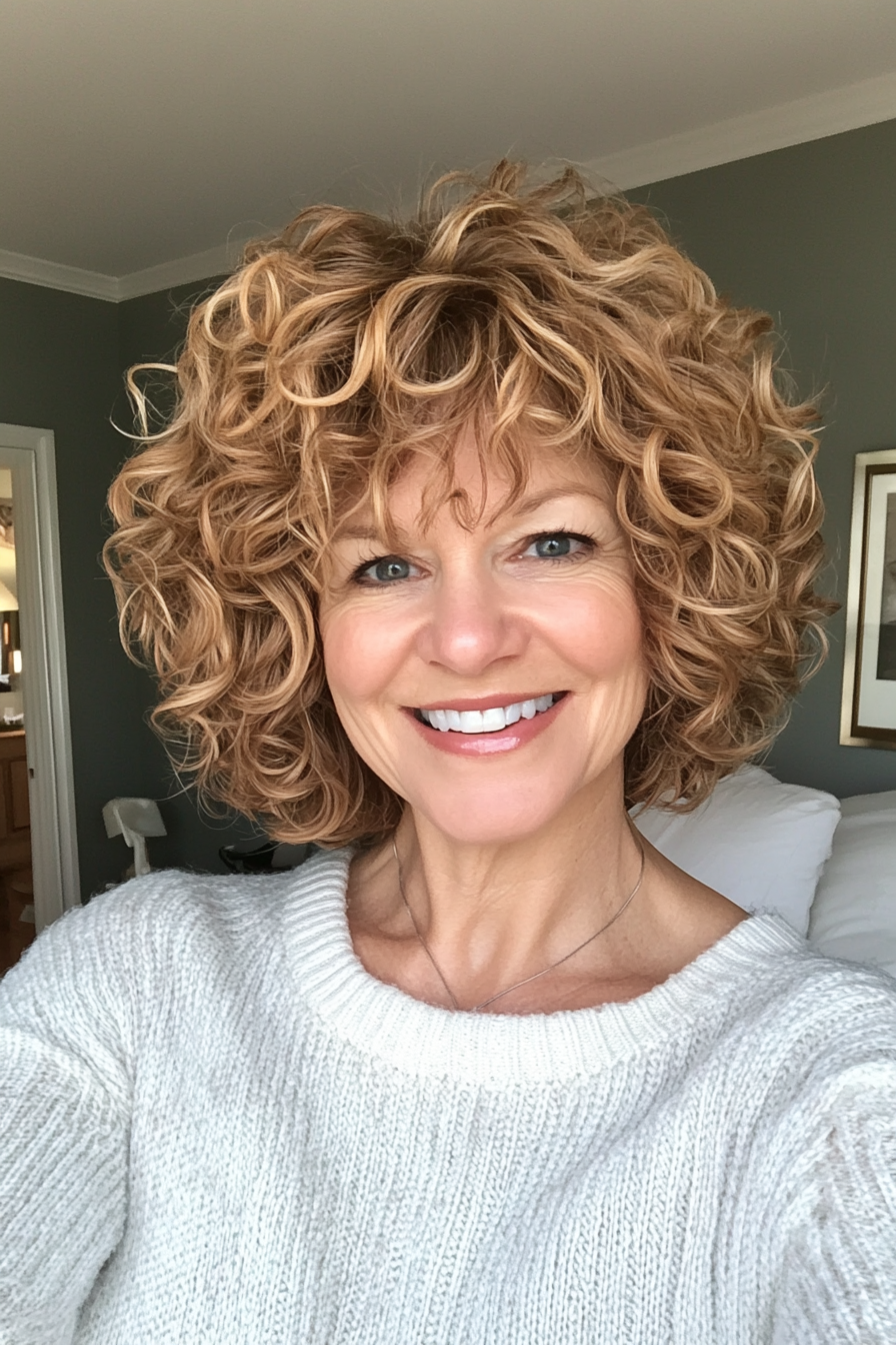4. Curly Shag with Honey Blonde Accents (Short Hairstyles For Women Over 50 With Thick Hair) - Short Hairstyles For Women Over 50 With Thick Hair