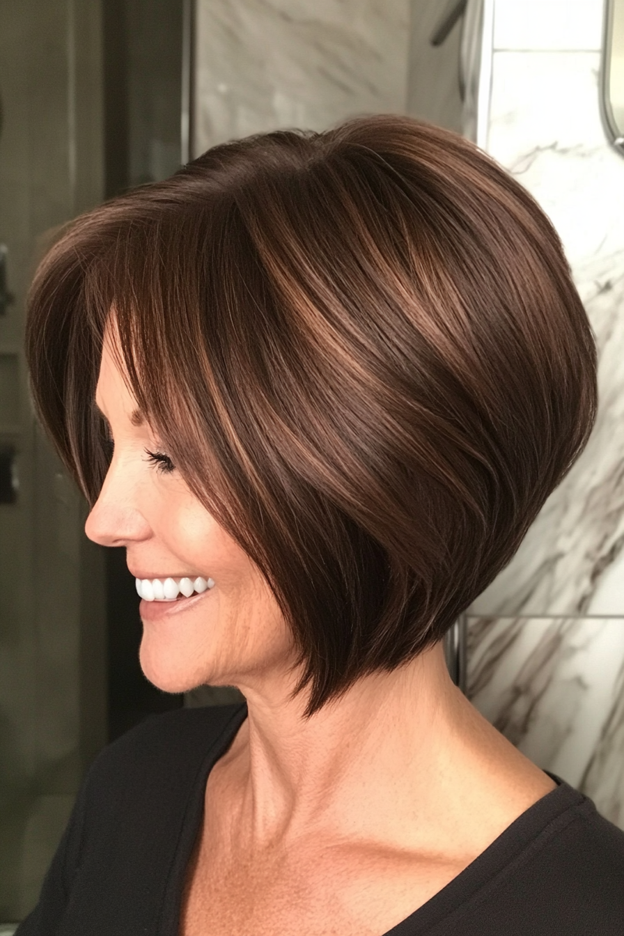 7. Stacked Bob in Dark Chocolate (Short Hairstyles For Women Over 50 With Thick Hair) - Short Hairstyles For Women Over 50 With Thick Hair