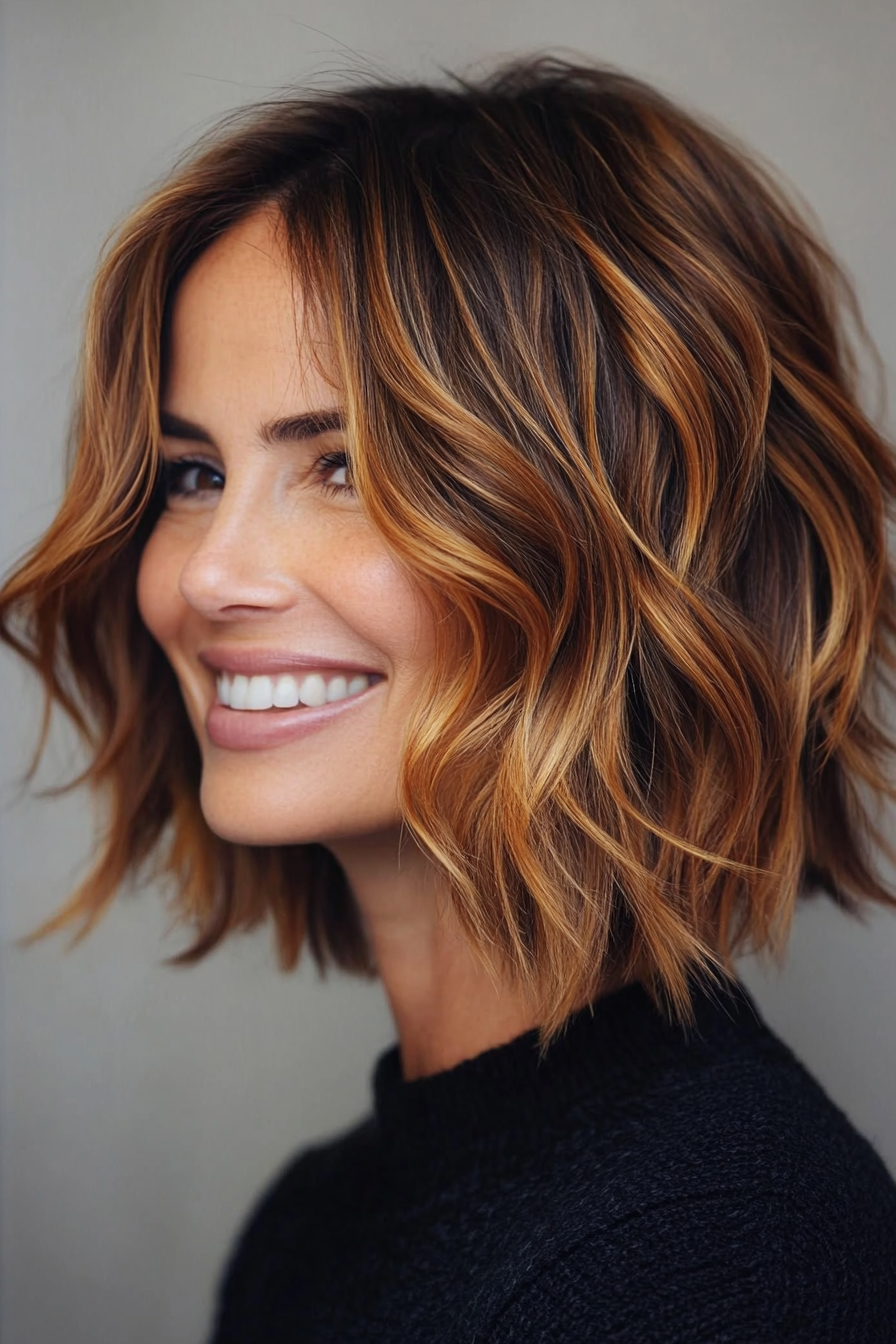 9. Wavy Lob with Caramel Balayage (Short Hairstyles For Women Over 50 With Thick Hair) - Short Hairstyles For Women Over 50 With Thick Hair