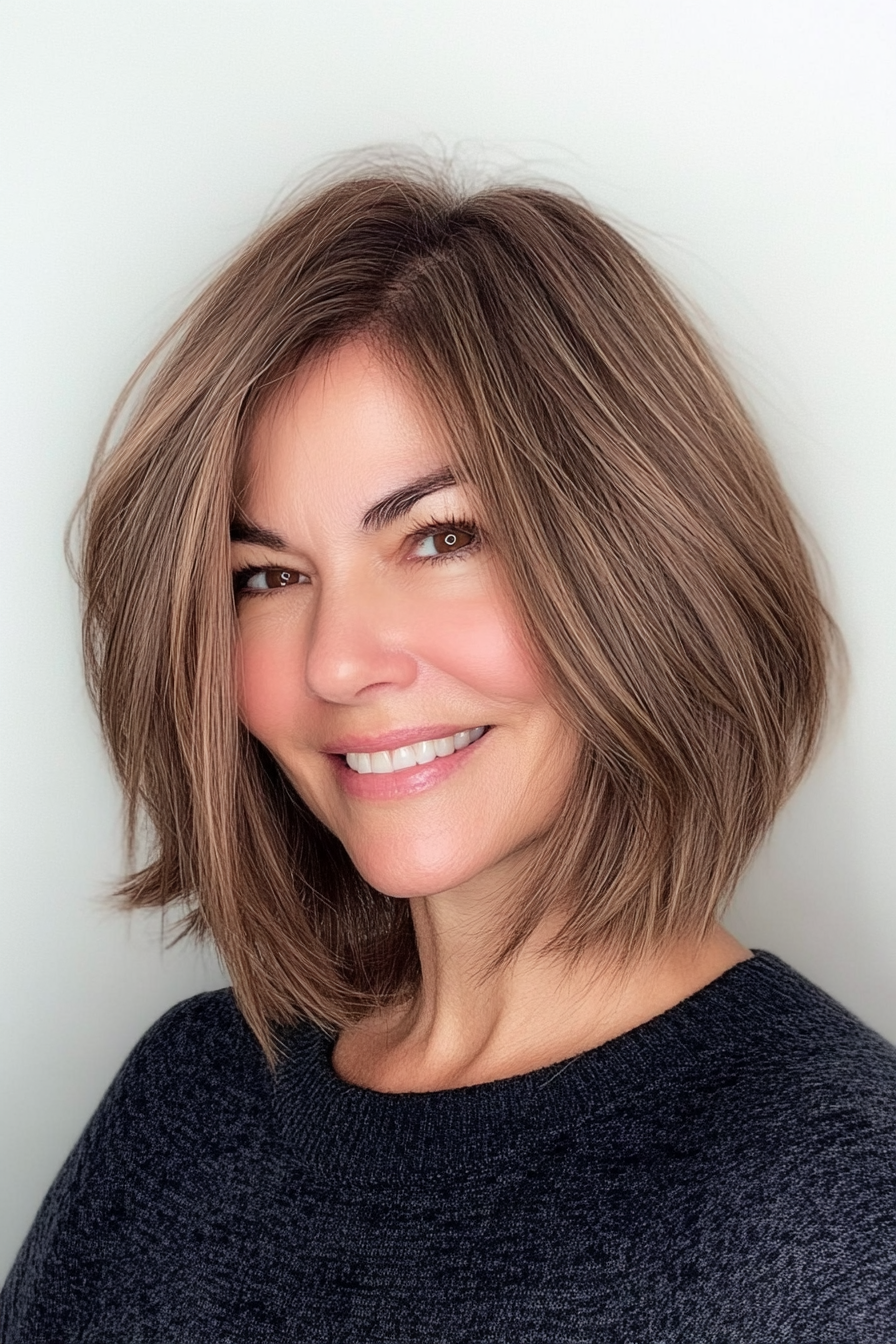 19. Layered Lob with Soft Brown Highlights (Short Hairstyles For Women Over 50 With Thick Hair) - Short Hairstyles For Women Over 50 With Thick Hair