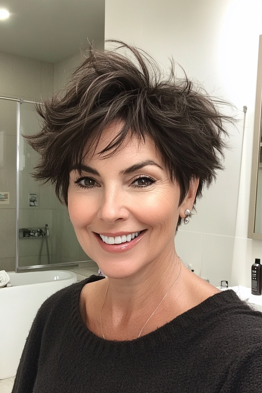 20. Messy Crop in Dark Mocha (Short Hairstyles For Women Over 50 With Thick Hair) - Short Hairstyles For Women Over 50 With Thick Hair