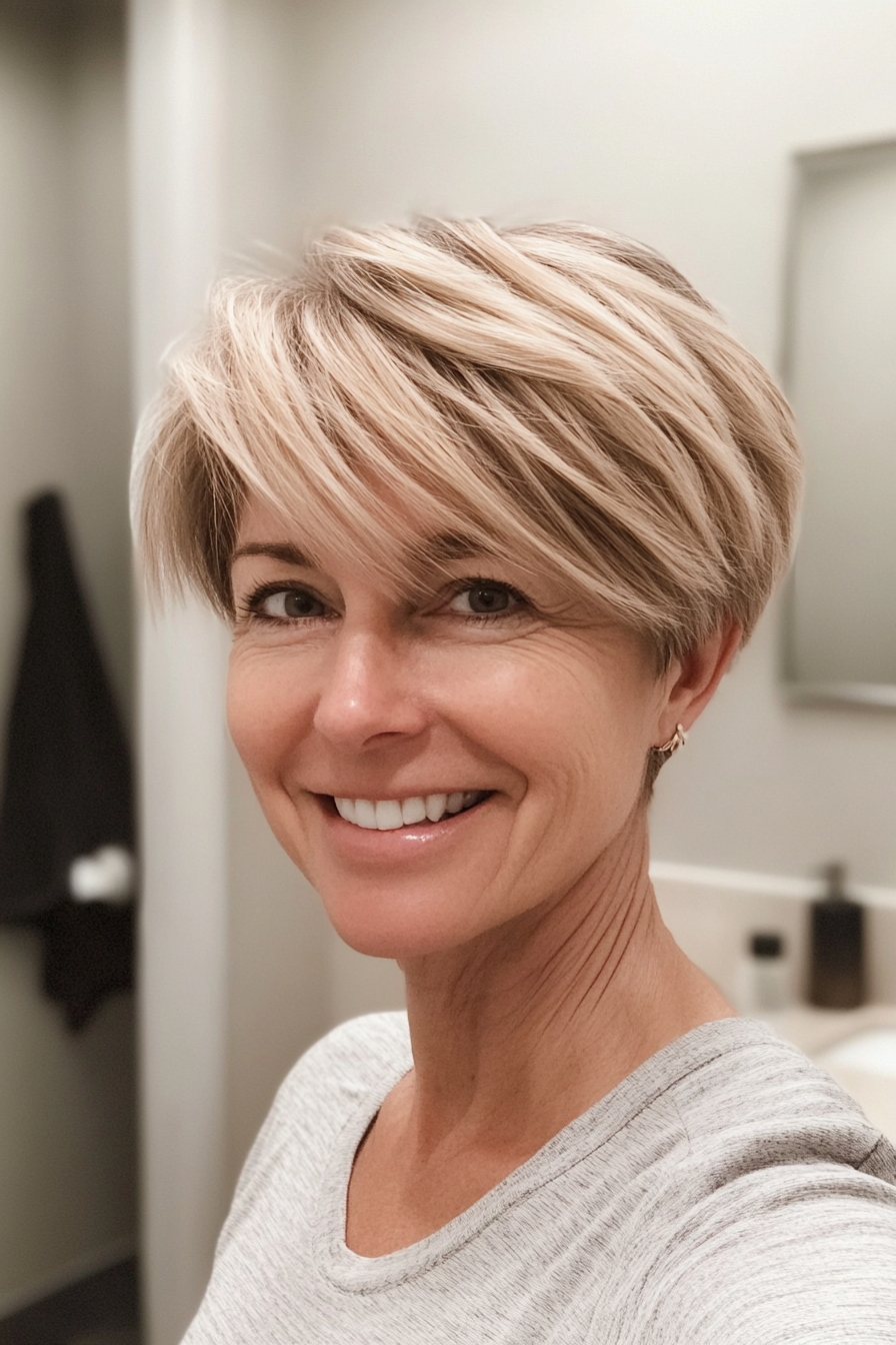 22. Short Layered Cut in Warm Beige Blonde (Short Hairstyles For Women Over 50 With Thick Hair) - Short Hairstyles For Women Over 50 With Thick Hair