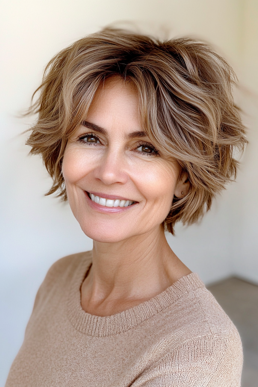 25. Tousled Crop with Sandy Brown Tones (Short Hairstyles For Women Over 50 With Thick Hair) - Short Hairstyles For Women Over 50 With Thick Hair