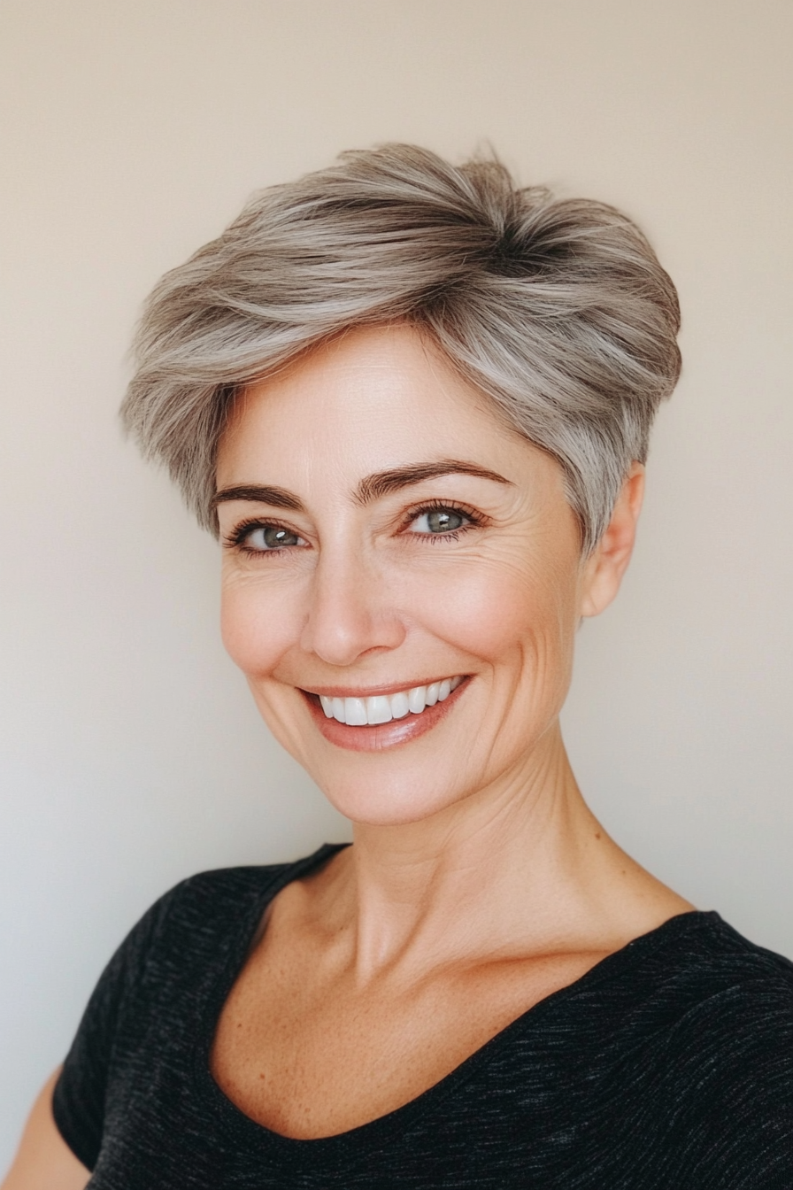 27. Layered Pixie in Smoky Gray (Short Hairstyles For Women Over 50 With Thick Hair) - Short Hairstyles For Women Over 50 With Thick Hair