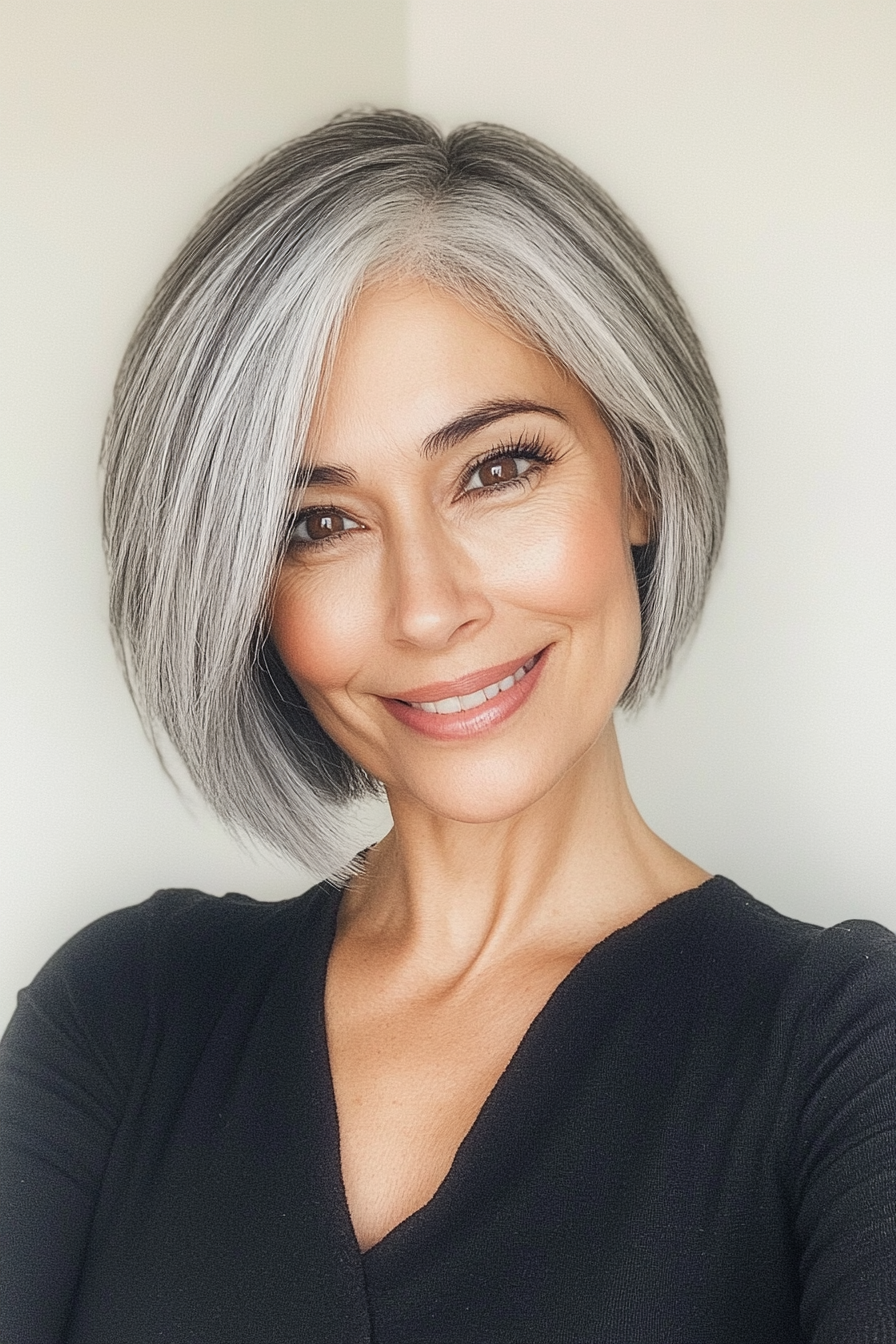 7. Side-Swept Bob in Natural Gray (Short Bob Haircuts For Older Women) - Short Bob Haircuts For Older Women