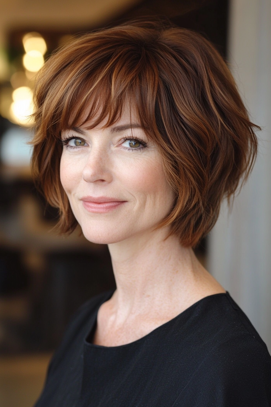 8. French Bob in Warm Caramel Brown (Short Bob Haircuts For Older Women) - Short Bob Haircuts For Older Women