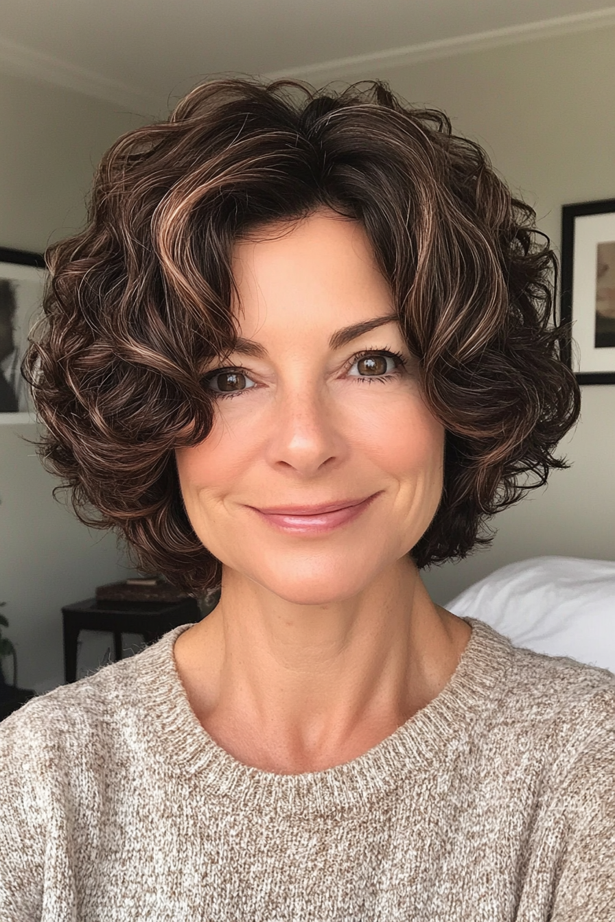 9. Curly Bob in Dark Chocolate Brown (Short Bob Haircuts For Older Women) - Short Bob Haircuts For Older Women