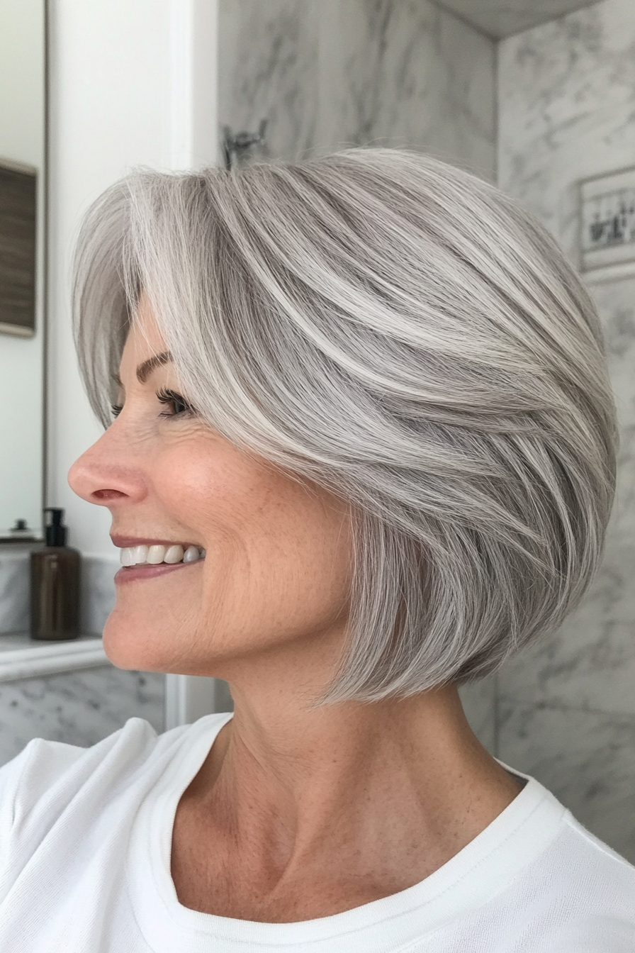 10. Feathered Bob in Salt-and-Pepper Gray (Short Bob Haircuts For Older Women) - Short Bob Haircuts For Older Women