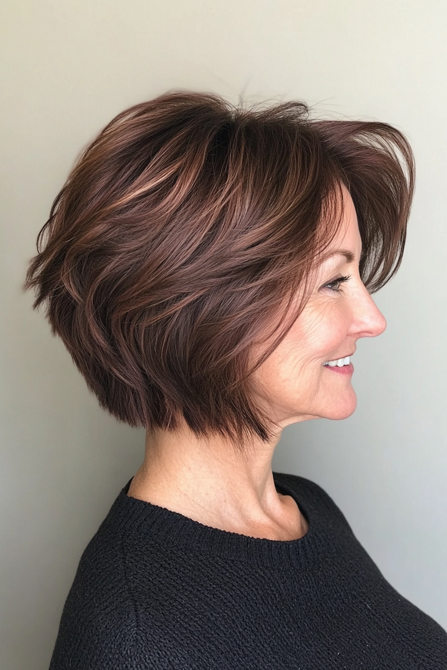 15. Layered Crop Bob in Deep Mahogany (Short Bob Haircuts For Older Women) - Short Bob Haircuts For Older Women