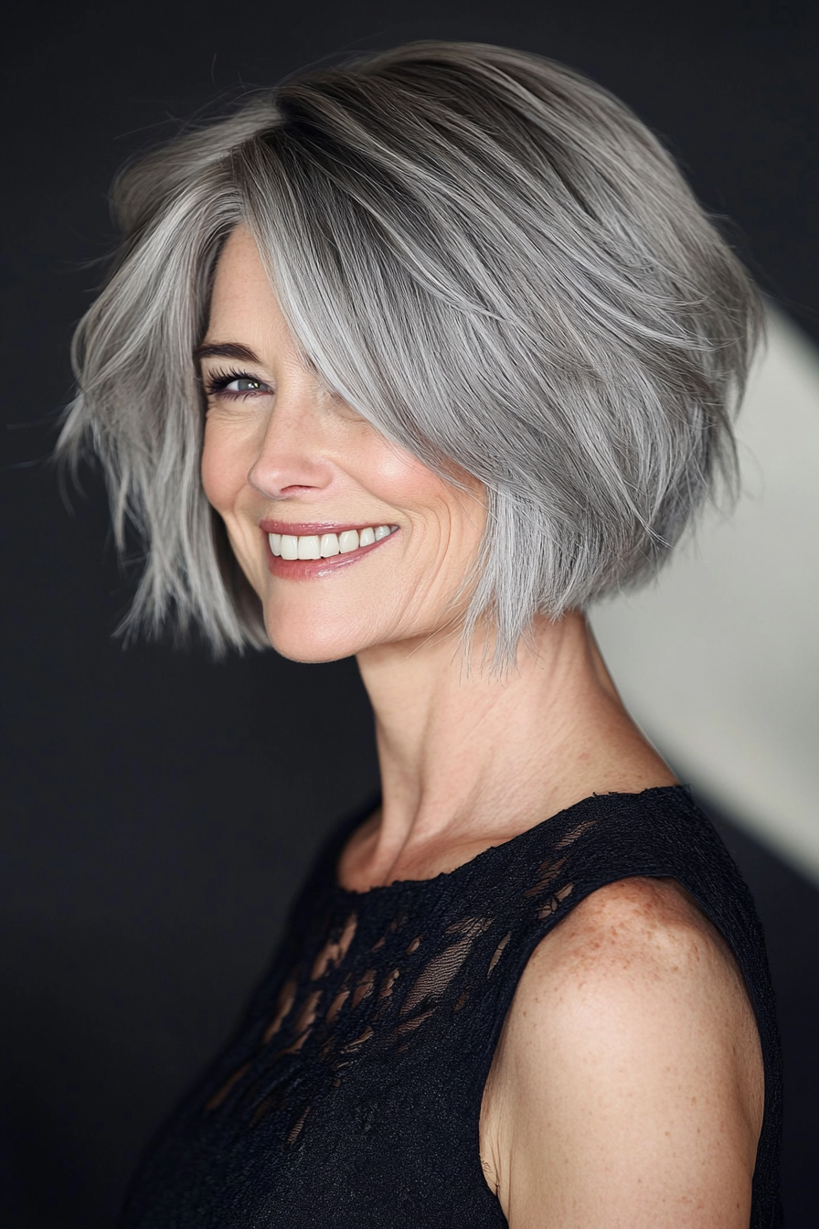 16. Modern Shag Bob in Ash Gray (Short Bob Haircuts For Older Women) - Short Bob Haircuts For Older Women