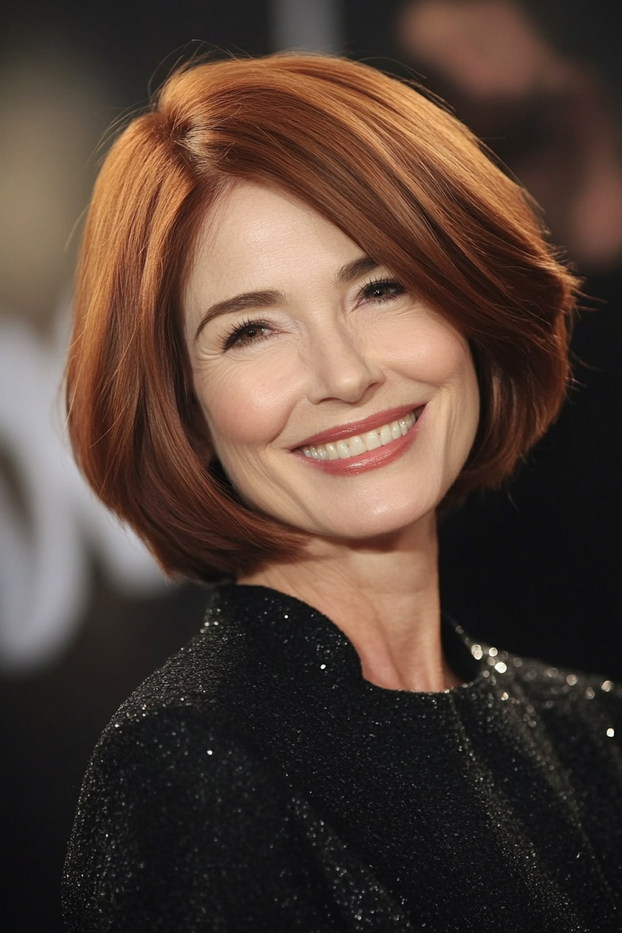 17. Side-Parted Bob in Cinnamon Brown (Short Bob Haircuts For Older Women) - Short Bob Haircuts For Older Women
