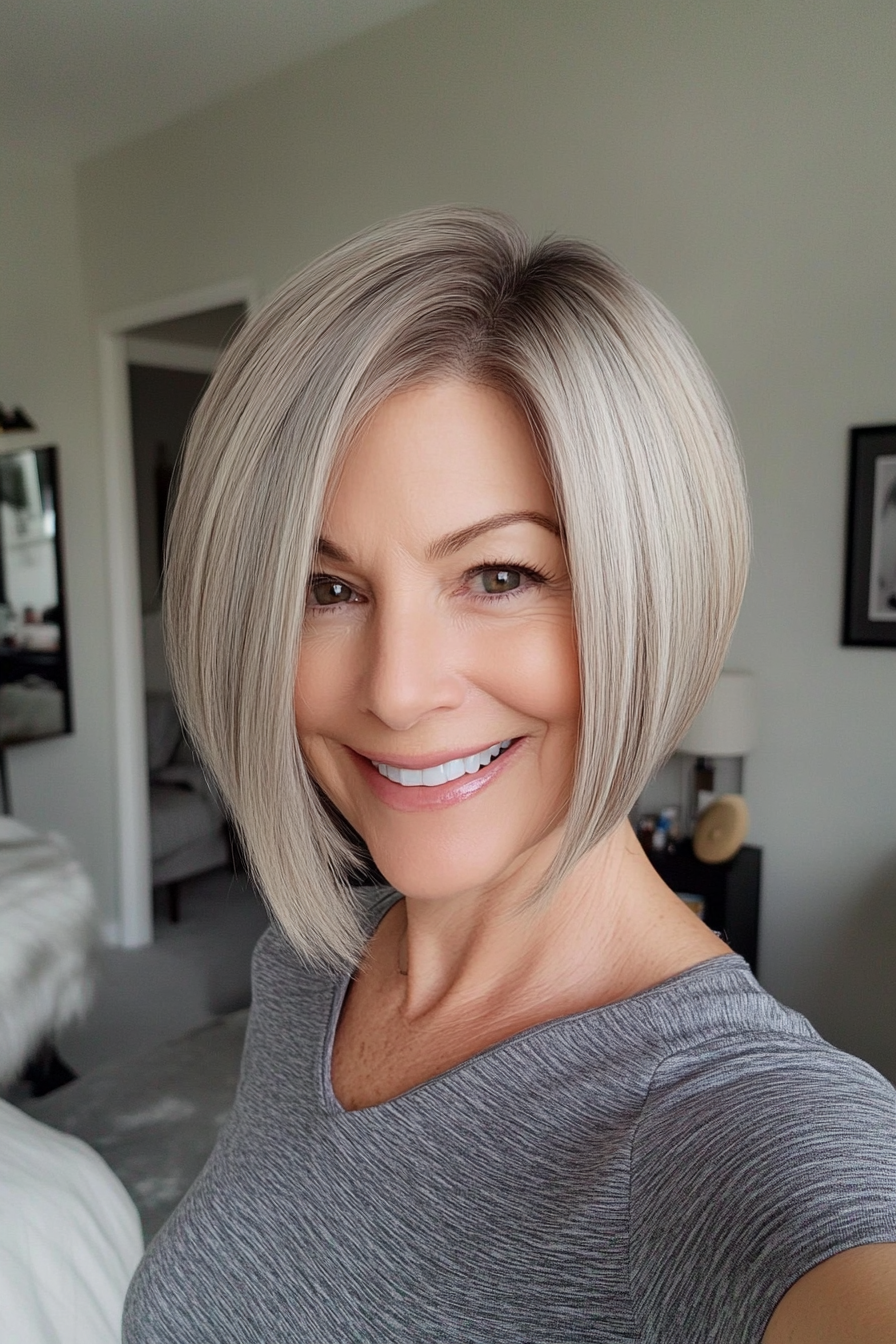 20. Asymmetrical Bob in Ash Blonde (Short Bob Haircuts For Older Women) - Short Bob Haircuts For Older Women