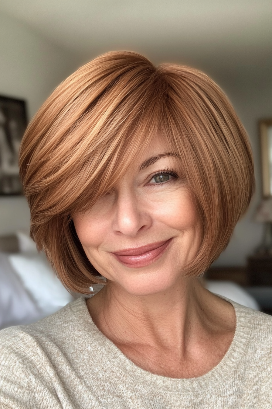 24. Soft Bob with Bangs in Light Chestnut Brown (Short Bob Haircuts For Older Women) - Short Bob Haircuts For Older Women