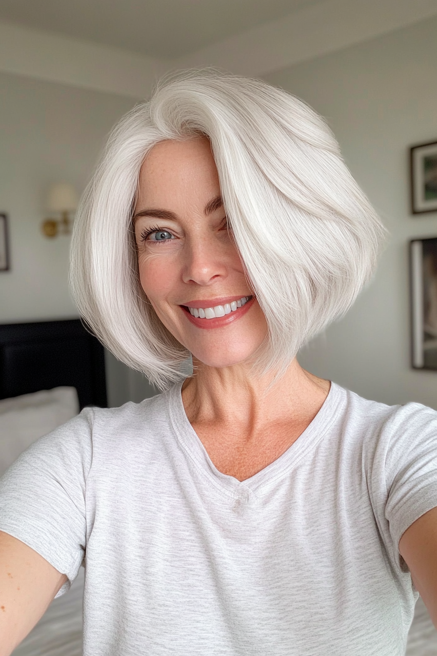 25. Blended Layered Bob in Natural White (Short Bob Haircuts For Older Women) - Short Bob Haircuts For Older Women