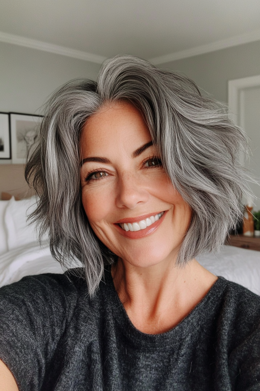 27. Messy Bob in Charcoal Gray (Short Bob Haircuts For Older Women) - Short Bob Haircuts For Older Women