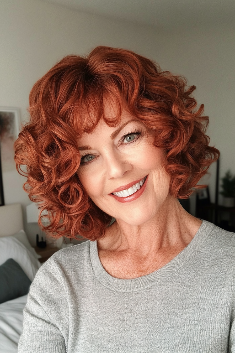 19. Curly Bob with Soft Curls in Dark Auburn (Curly Bob Hairstyles For Over 50) - Curly Bob Hairstyles For Over 50