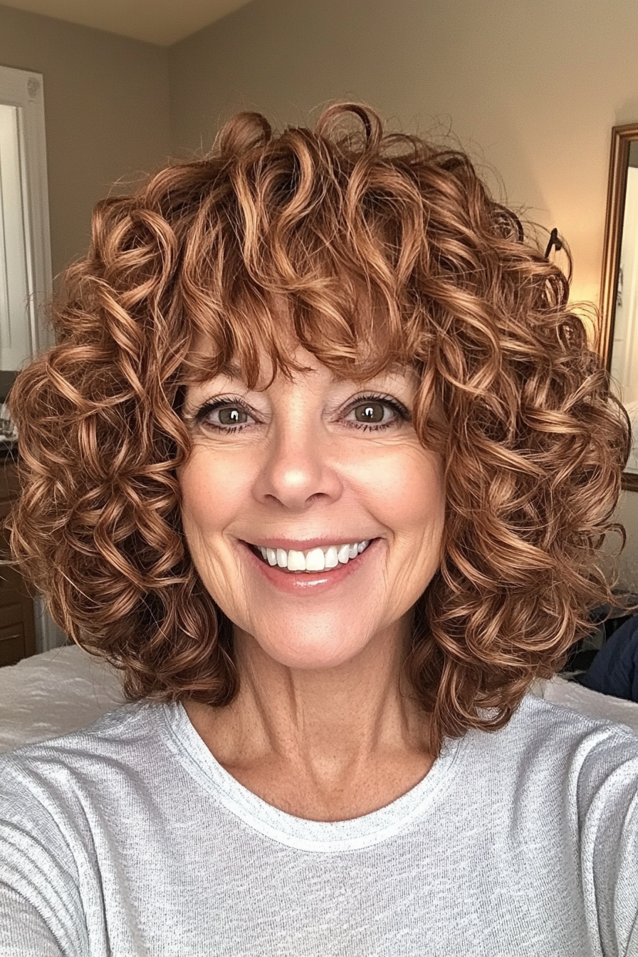 21. Curly Bob with Volume at Crown in Warm Chestnut (Curly Bob Hairstyles For Over 50) - Curly Bob Hairstyles For Over 50
