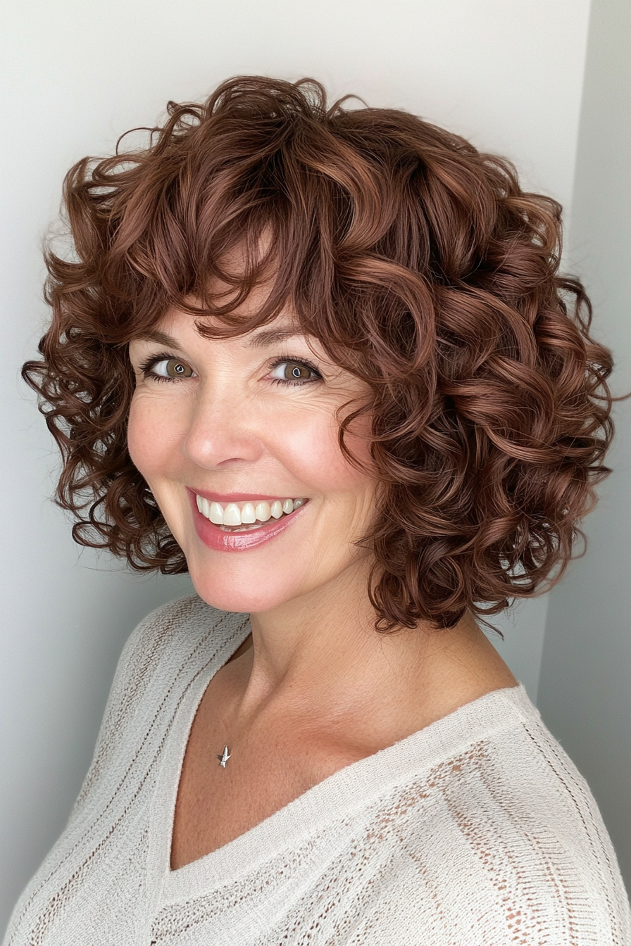 22. Curly Bob with Tapered Sides in Deep Mahogany (Curly Bob Hairstyles For Over 50) - Curly Bob Hairstyles For Over 50
