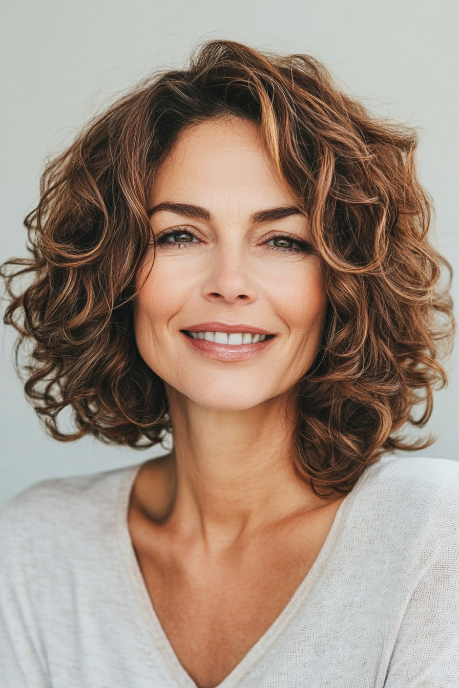23. Curly Bob with Loose Waves in Light Chestnut (Curly Bob Hairstyles For Over 50) - Curly Bob Hairstyles For Over 50