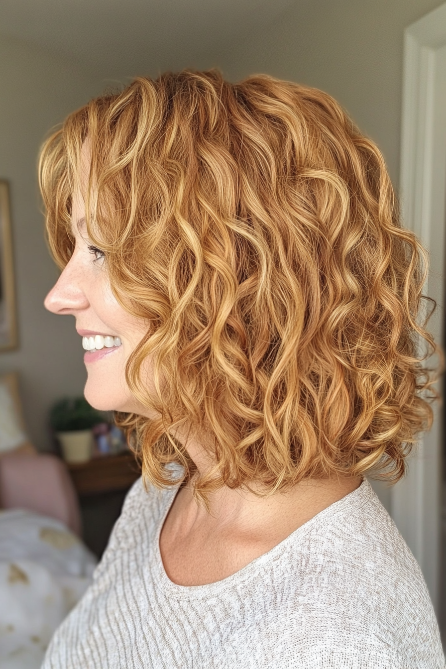 25. Curly Bob with Soft Layers in Golden Honey (Curly Bob Hairstyles For Over 50) - Curly Bob Hairstyles For Over 50