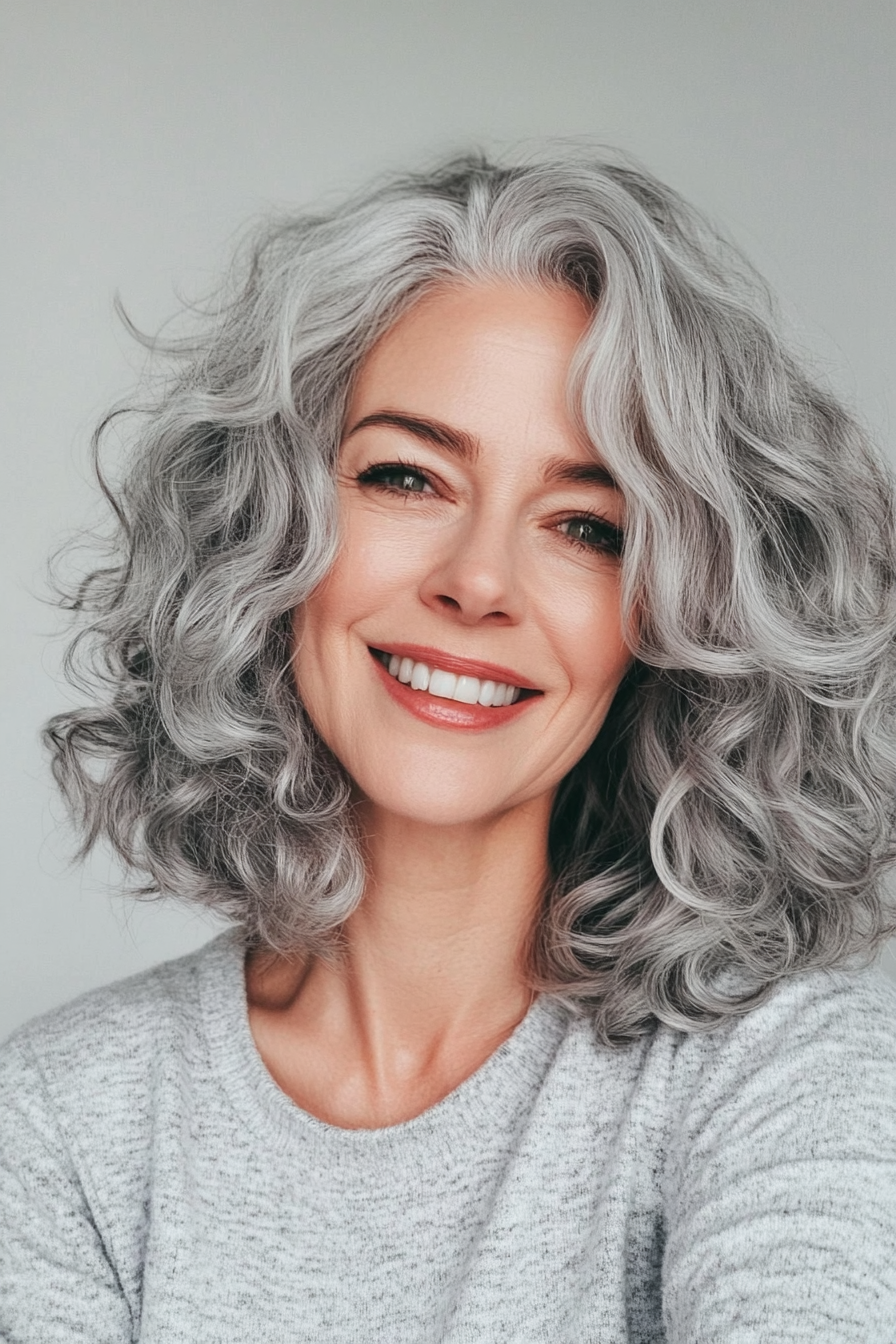 26. Curly Bob with Natural Volume in Silver Gray (Curly Bob Hairstyles For Over 50) - Curly Bob Hairstyles For Over 50
