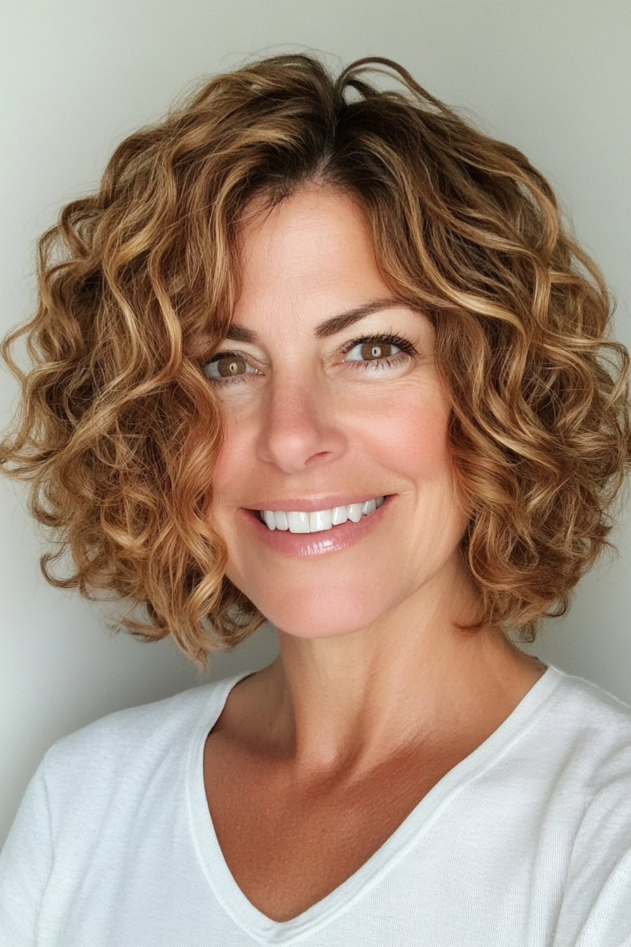 27. Curly Bob with Tousled Curls in Warm Caramel (Curly Bob Hairstyles For Over 50) - Curly Bob Hairstyles For Over 50