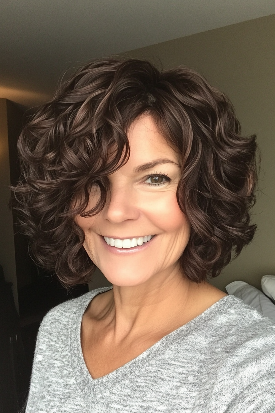 3. Asymmetrical Curly Bob in Dark Chocolate (Curly Bob Hairstyles For Over 50) - Curly Bob Hairstyles For Over 50