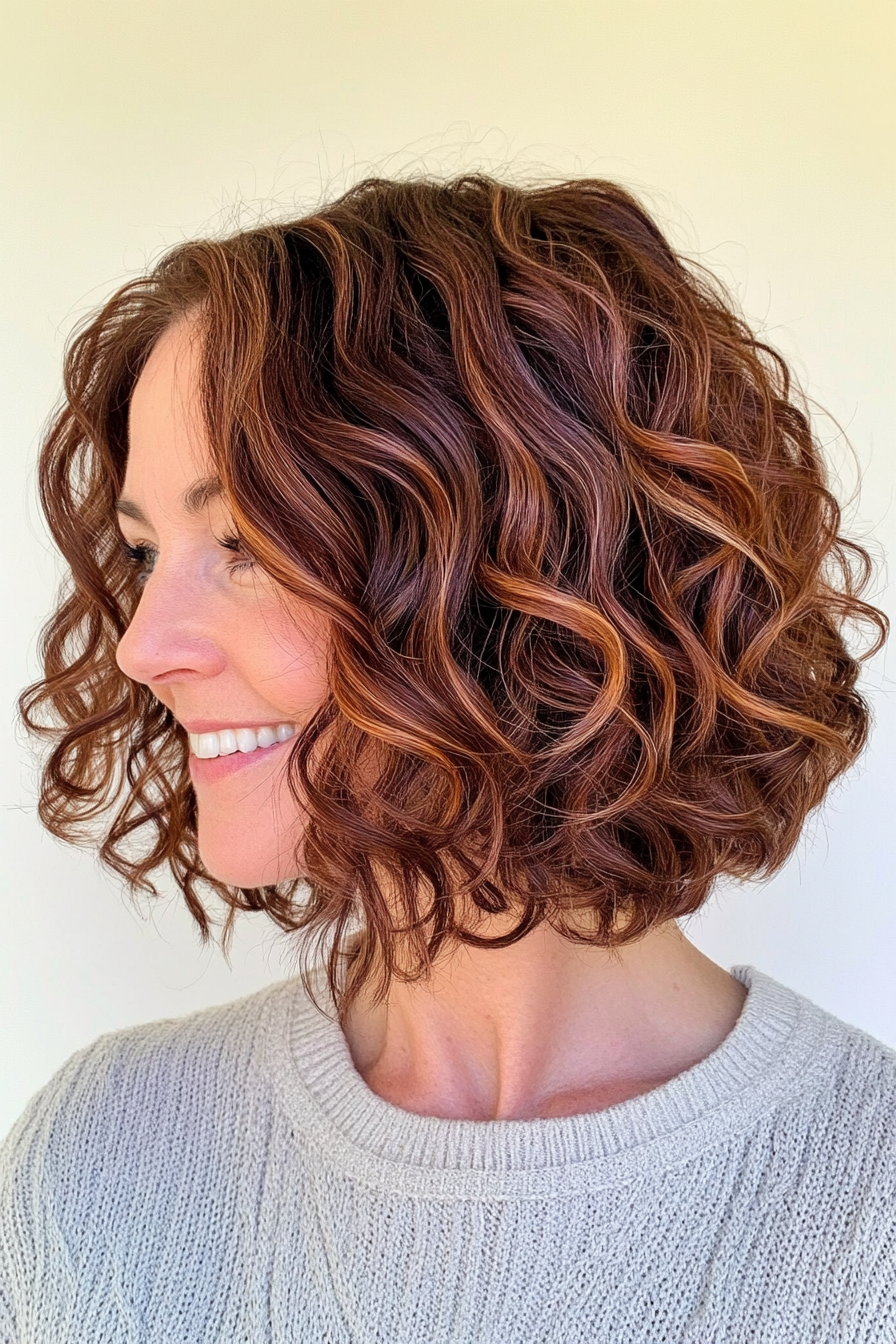 4. Curly Inverted Bob with Chestnut Highlights (Curly Bob Hairstyles For Over 50) - Curly Bob Hairstyles For Over 50