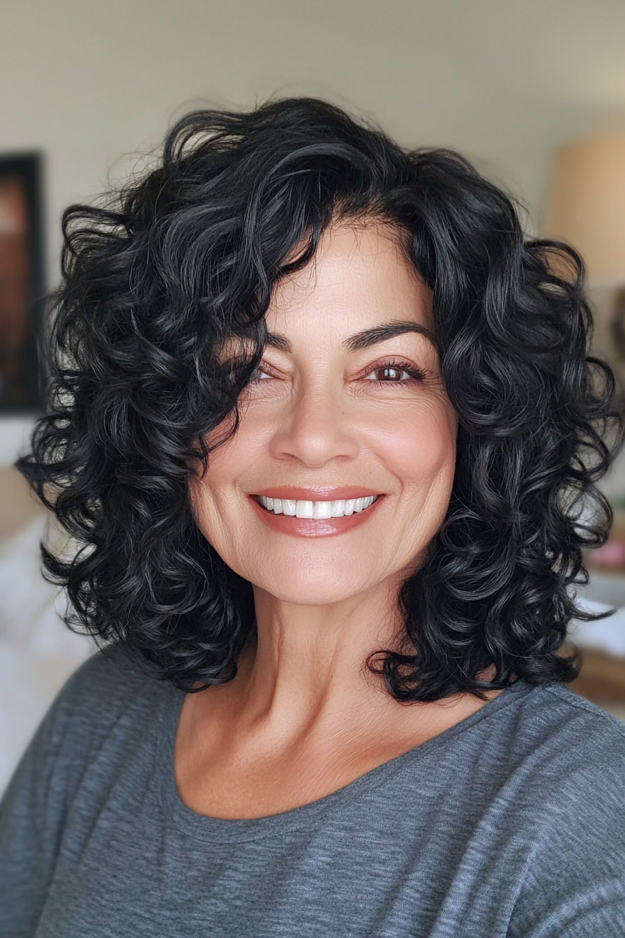 5. Textured Curly Bob in Natural Black (Curly Bob Hairstyles For Over 50) - Curly Bob Hairstyles For Over 50