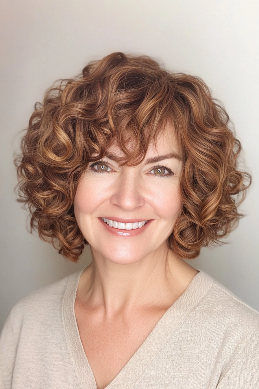6. Curly Bob with Side-Swept Bangs in Warm Brown (Curly Bob Hairstyles For Over 50) - Curly Bob Hairstyles For Over 50