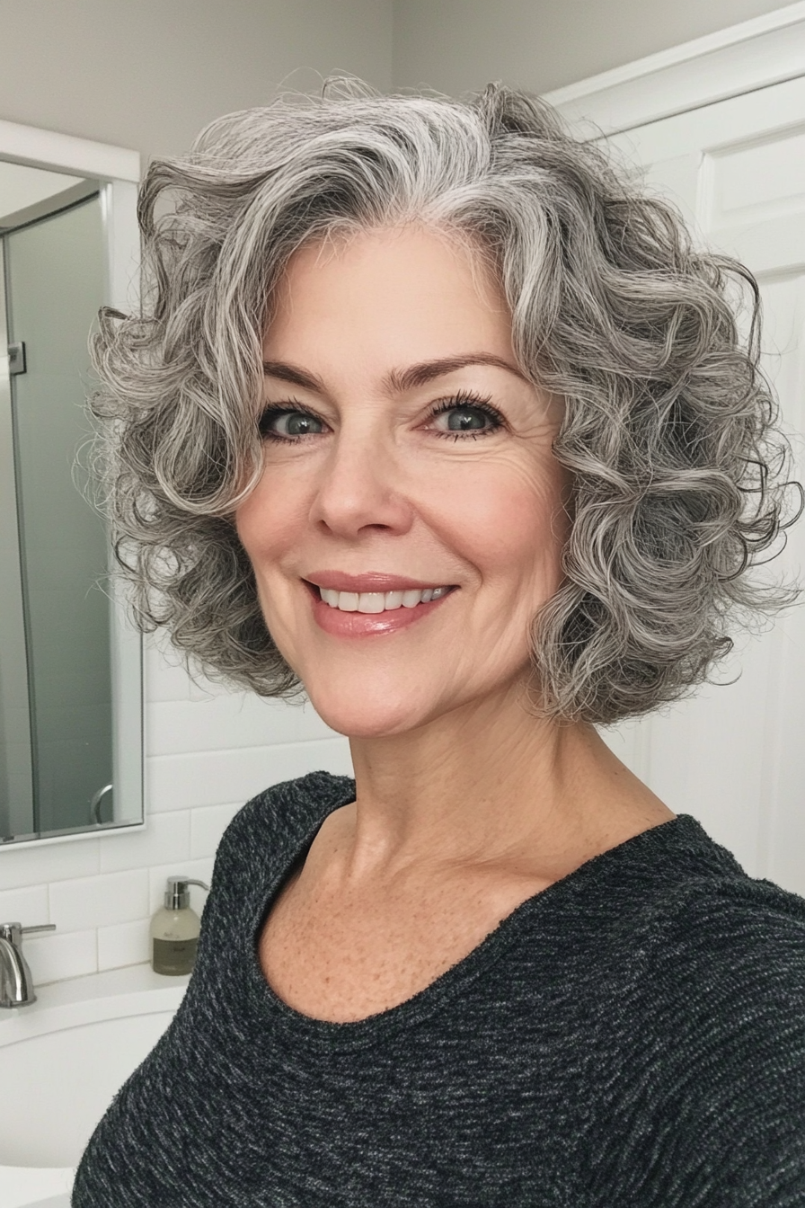7. Short Curly Bob in Salt-and-Pepper Gray (Curly Bob Hairstyles For Over 50) - Curly Bob Hairstyles For Over 50