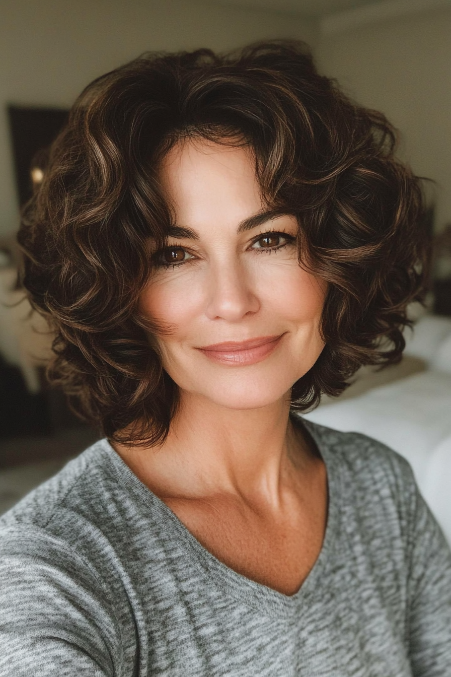 8. Curly Bob with Undercut in Espresso Brown (Curly Bob Hairstyles For Over 50) - Curly Bob Hairstyles For Over 50